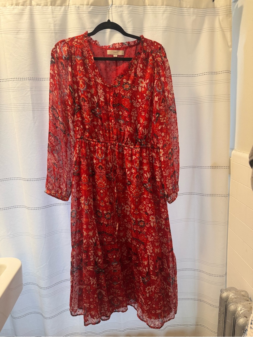 LOFT Red Floral Maxi Dress with Sheer Long Sleeves